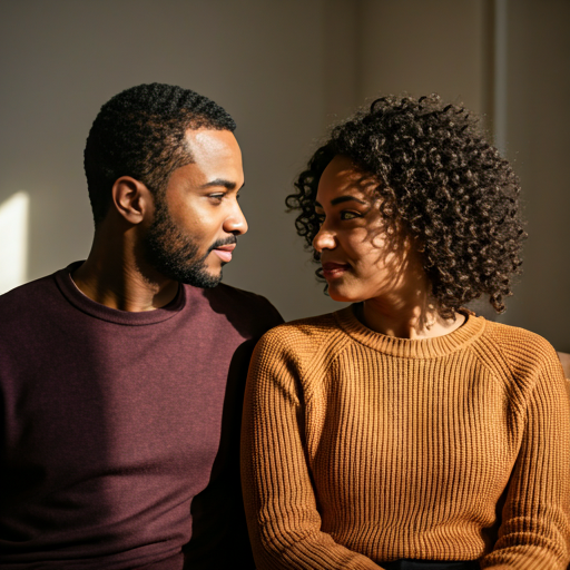 A couple sharing a warm, connected moment together in soft natural light.